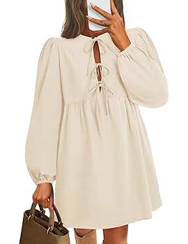 ZESICA Women's Dress Fall Long Puff Sleeve Self Tie Front